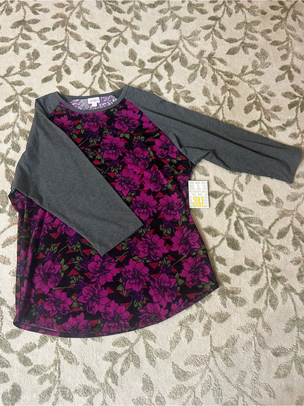 LuLaRoe Womens 3XL Floral Knit Raglan 3/4 Sleeve Round Neck Tee-NWT